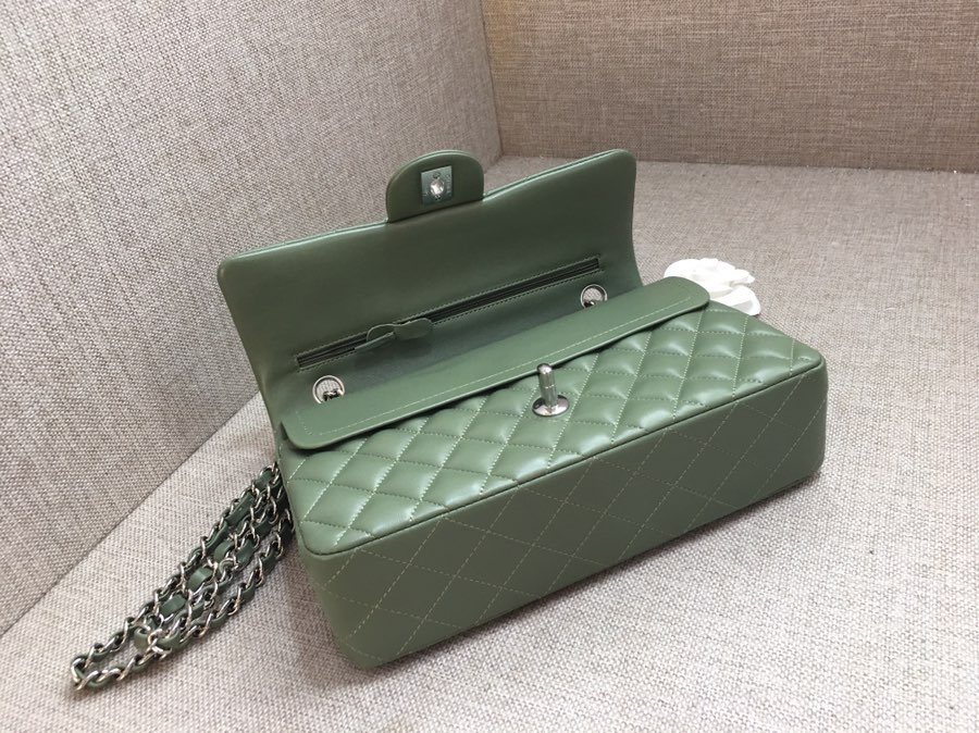 Medium Classic Flap Lambskin Bag AO1112 Dark Green/Silver